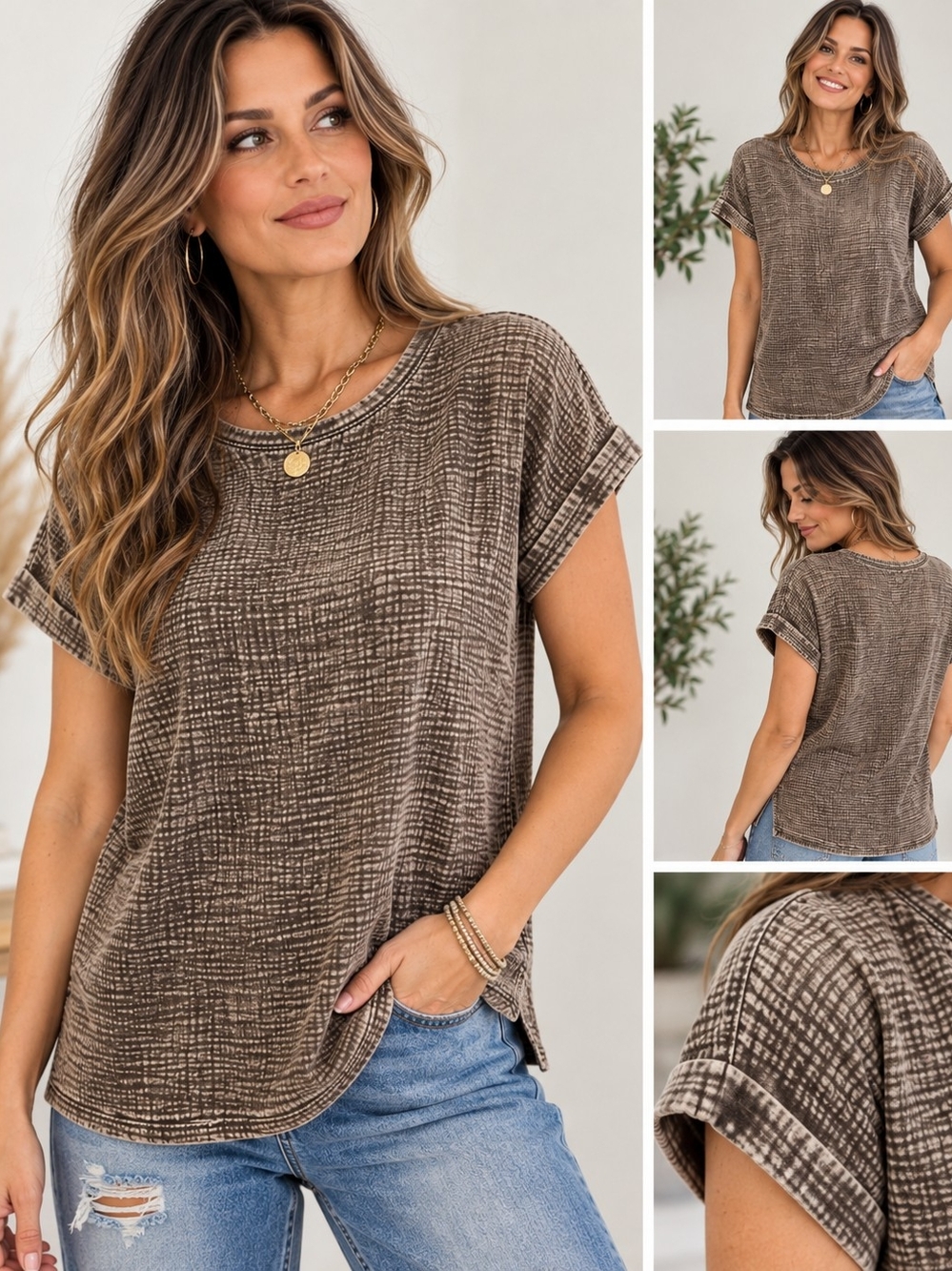 Zenana Cotton Gauze Top Brown Short Sleeve